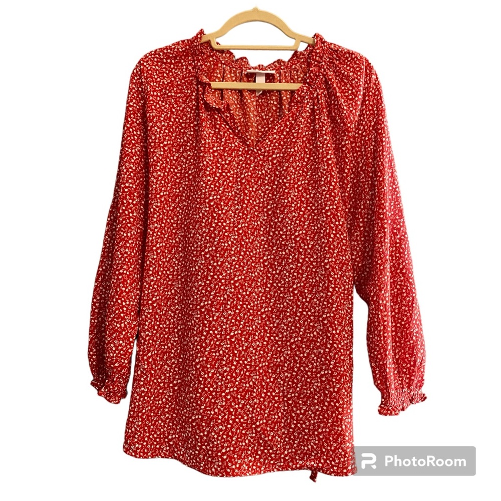 Isabel By Ingrid & Isabel Red White Ditsy Floral Tied Ruffle Peasant Top Sz. L